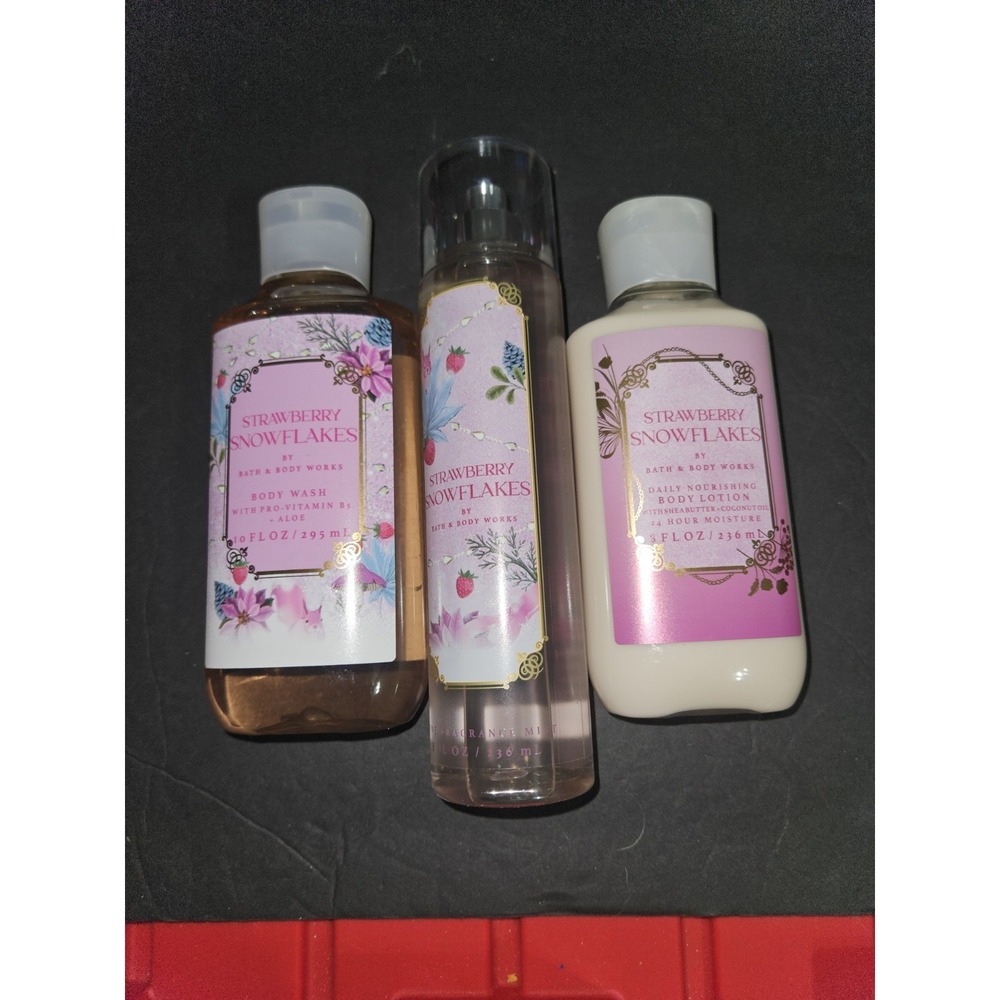 Bath And Body Works Set Of 3 Strawberry Snowflakes Body Wash, Fragrance Mist And